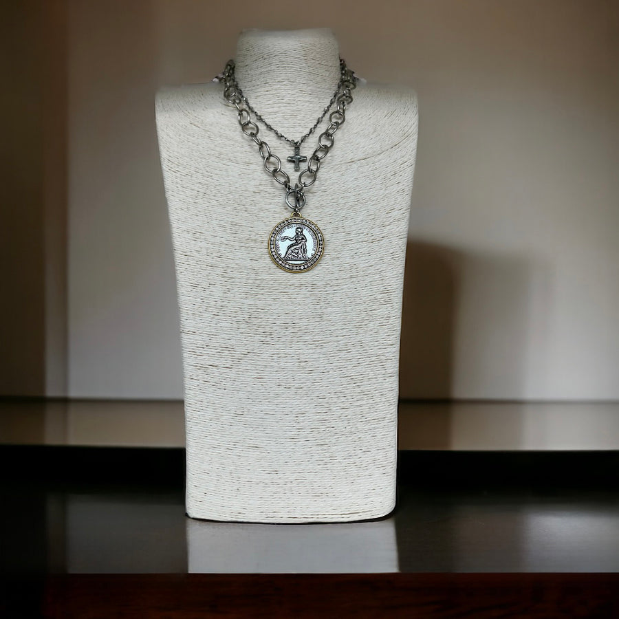Silver Cross/Greek Necklace Set
